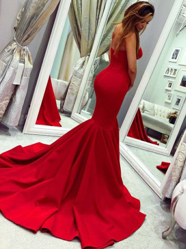 Trumpet/Mermaid Ruffles Strapless Court Train Satin Sleeveless Dresses