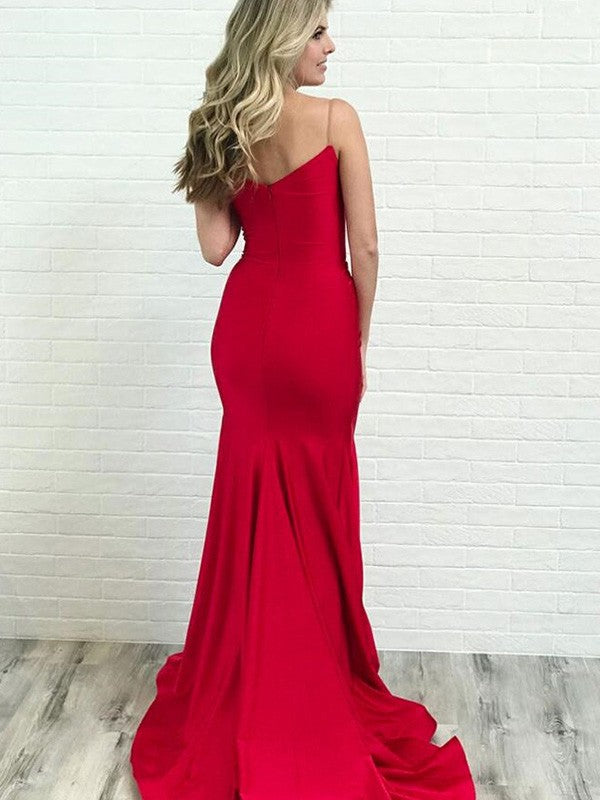 Red Satin Mermaid Floor-Length Evening Dress - Plunging V-Neck & High Slit