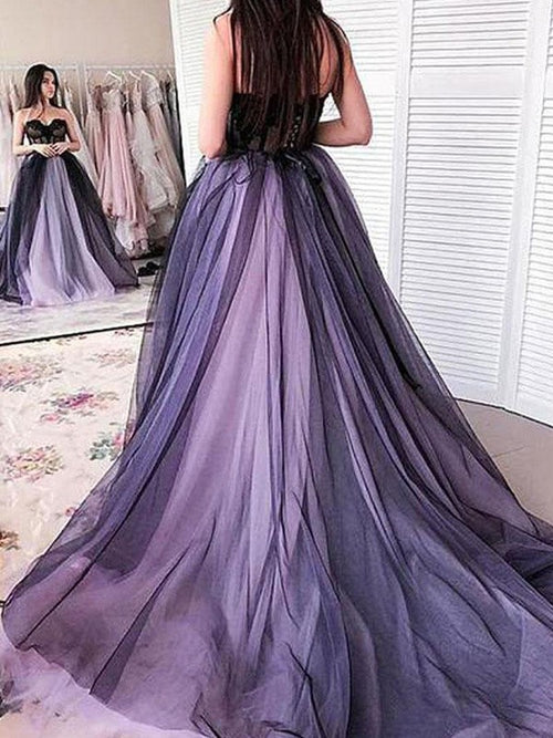 Black and Lilac Tulle A-Line Floor-Length Evening Dress