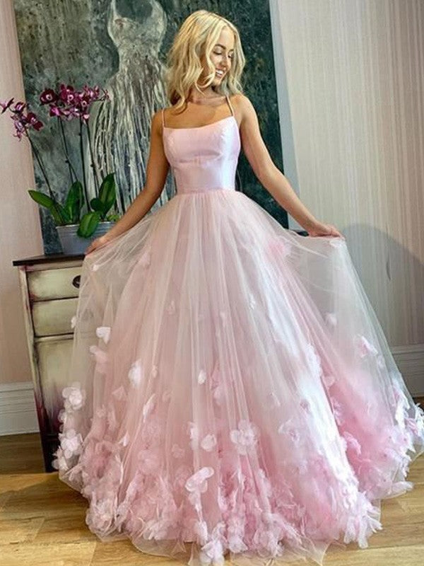 Pink Satin & Tulle A-Line Floor-Length Evening Dress with 3D Floral Appliques