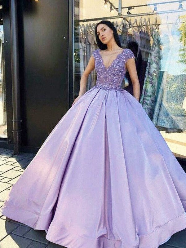 Vestidos de fiesta de satén con cuentas, escote en V, mangas cortas y largo hasta el suelo