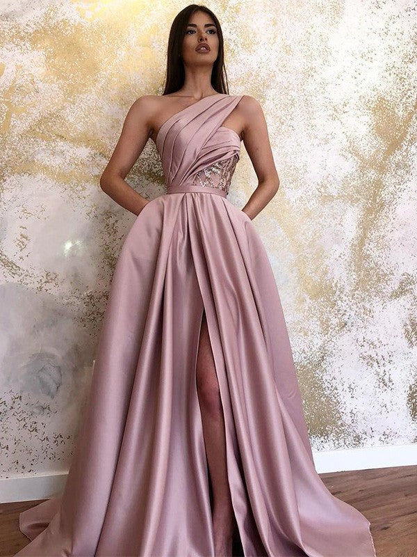Dusty Rose One Shoulder Satin A-Line Floor-Length Gown