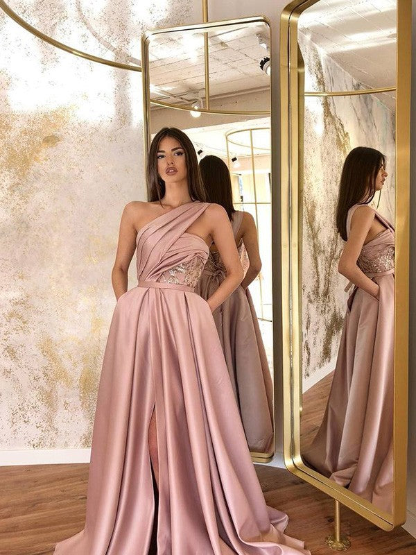Dusty Rose One Shoulder Satin A-Line Floor-Length Gown