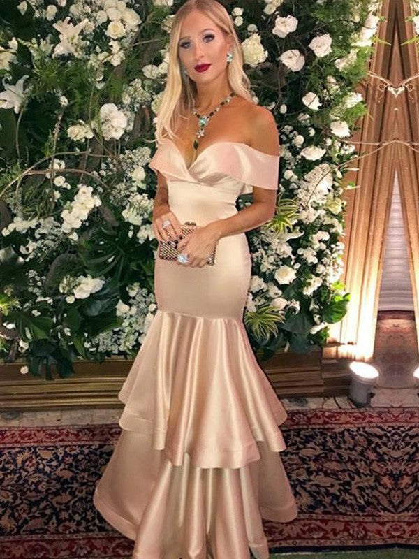 Champagne Satin Off-the-Shoulder Mermaid Floor-Length Evening Dress with Tiered Ruffles