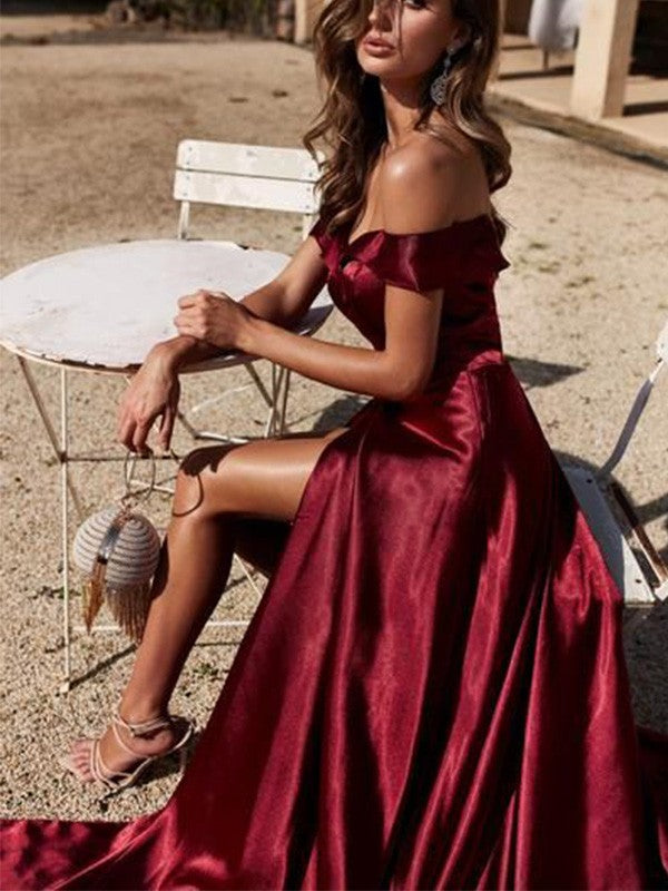 Burgundy Satin Off-the-Shoulder A-Line Floor-Length Evening Dress with a High Slit and Long Train