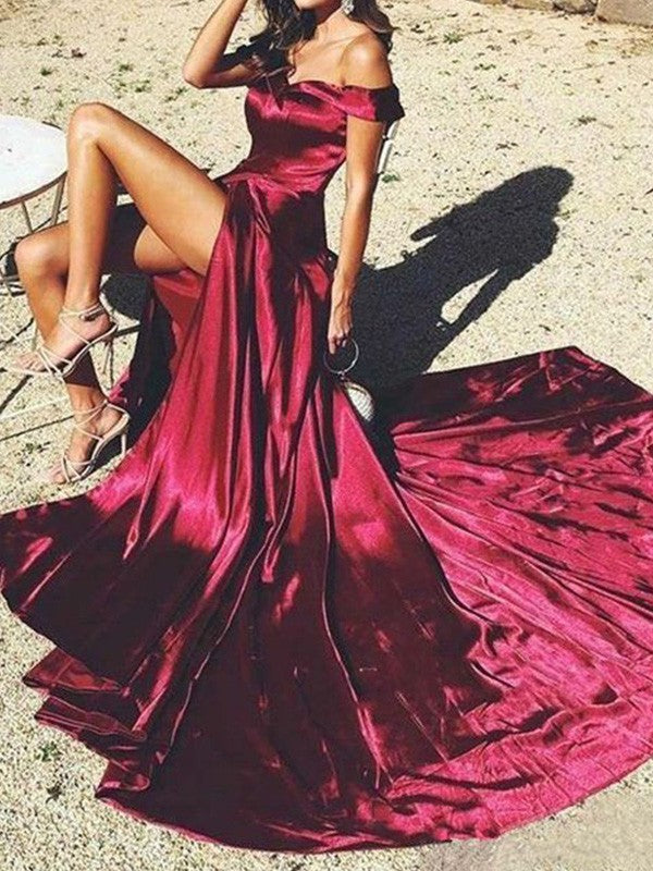 Burgundy Satin Off-the-Shoulder A-Line Floor-Length Evening Dress with a High Slit and Long Train