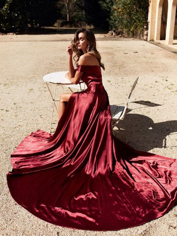 Burgundy Satin Off-the-Shoulder A-Line Floor-Length Evening Dress with a High Slit and Long Train