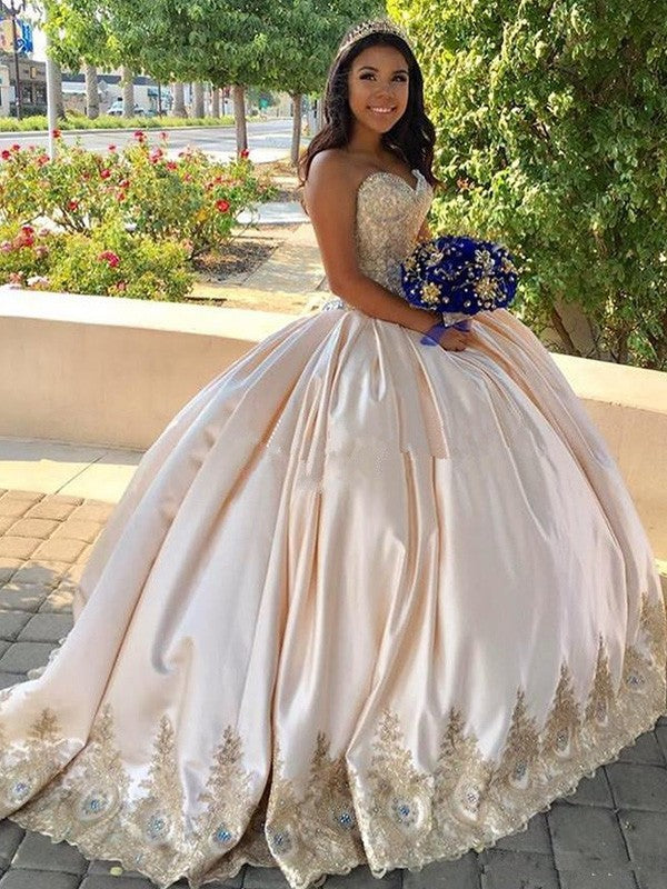 Champagne Satin Ball Gown Floor-Length Dress with Sweetheart Neckline and Embellished Bodice, Embroidered Hem