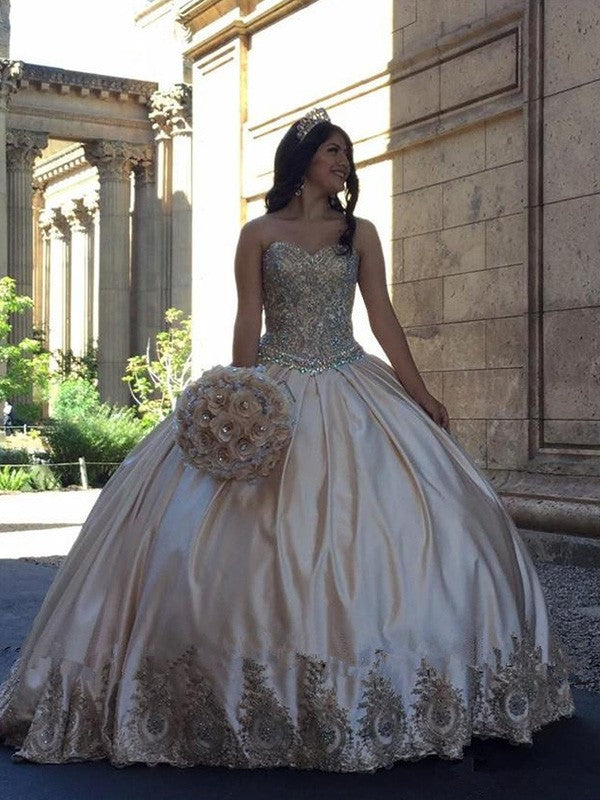 Champagne Satin Ball Gown Floor-Length Dress with Sweetheart Neckline and Embellished Bodice, Embroidered Hem