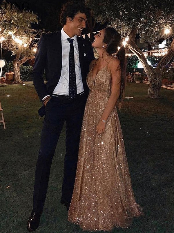 Gold Glitter Fabric A-Line Floor-Length Evening Dress with V-Neck and Backless Design