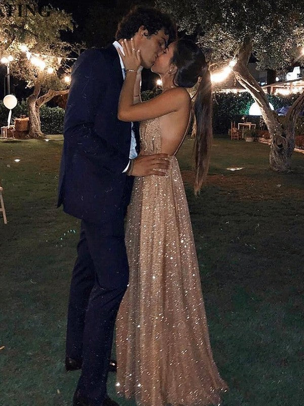 Vestidos de corte A/princesa con lentejuelas, tul, escote en V, largo hasta el suelo, sin mangas