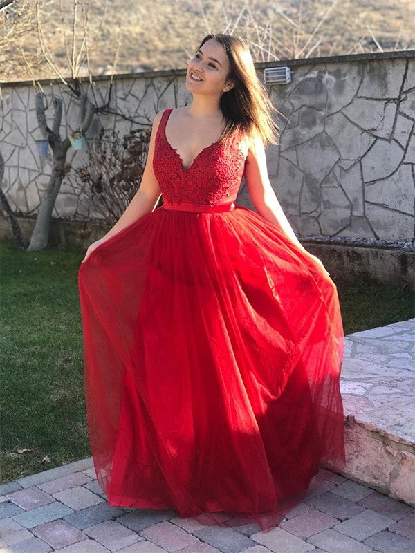 Vestidos de corte A/princesa con apliques de tul, escote en V, sin mangas y hasta el suelo