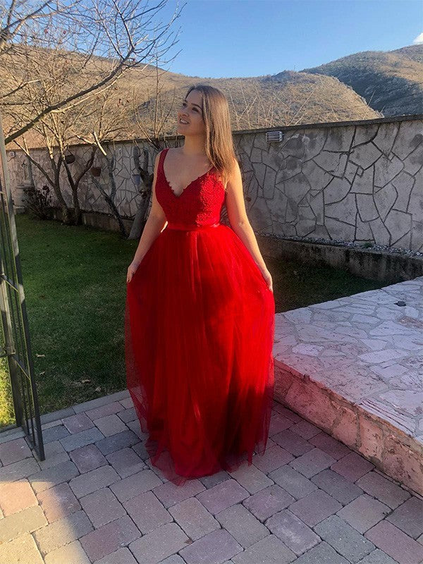 Vestidos de corte A/princesa con apliques de tul, escote en V, sin mangas y hasta el suelo