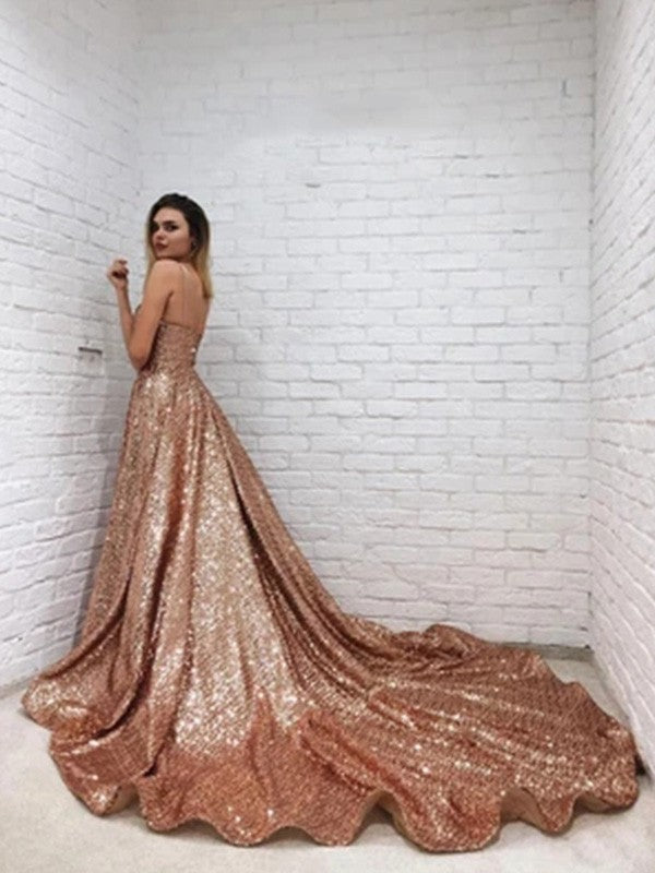 Vestidos de corte A/princesa con lentejuelas, tirantes finos, volantes, sin mangas y cola de corte