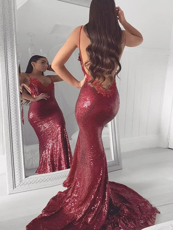 Trumpet/Mermaid V-neck Sequins Applique Sweep/Brush Train Sleeveless Dresses
