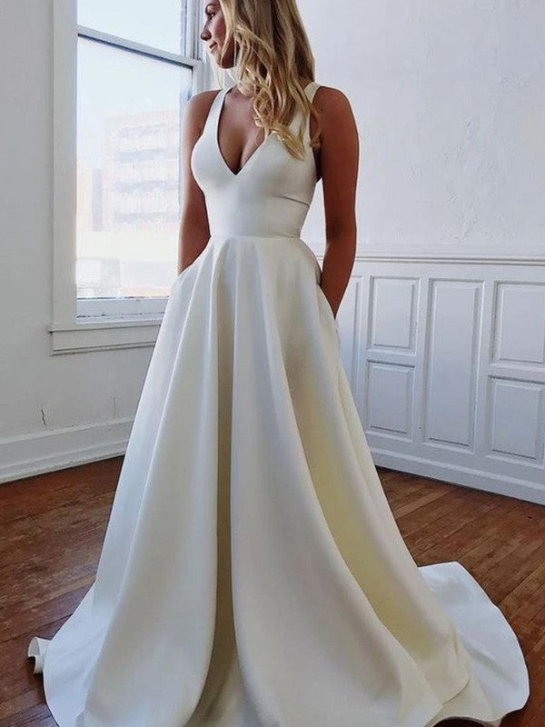 Vestidos de novia de corte A/princesa, escote en V, crepé, volantes, sin mangas, cola larga