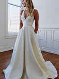 Vestidos de novia de corte A/princesa, escote en V, crepé, volantes, sin mangas, cola larga
