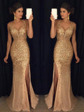 Gold Sequin Floor-Length Evening Dress with V-Neck and High Slit