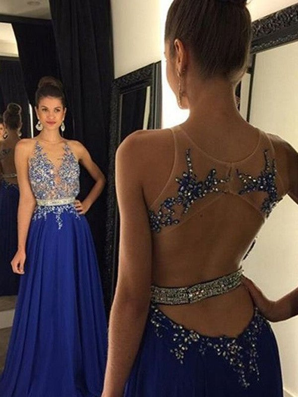 Royal Blue Chiffon A-Line Floor-Length Evening Dress with V-Neck & Beaded illusion bodice + Open back