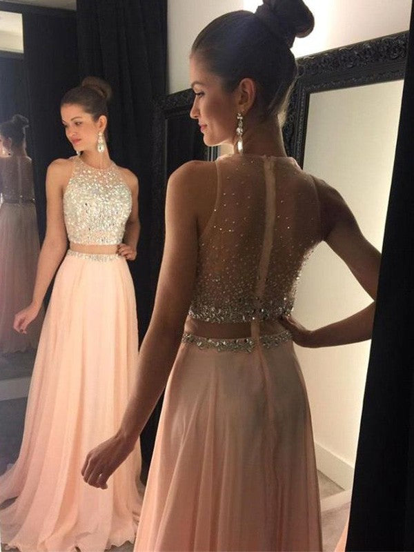 Abiti in chiffon con strascico a spazzola, senza maniche, stile principessa/a trapezio, con perline