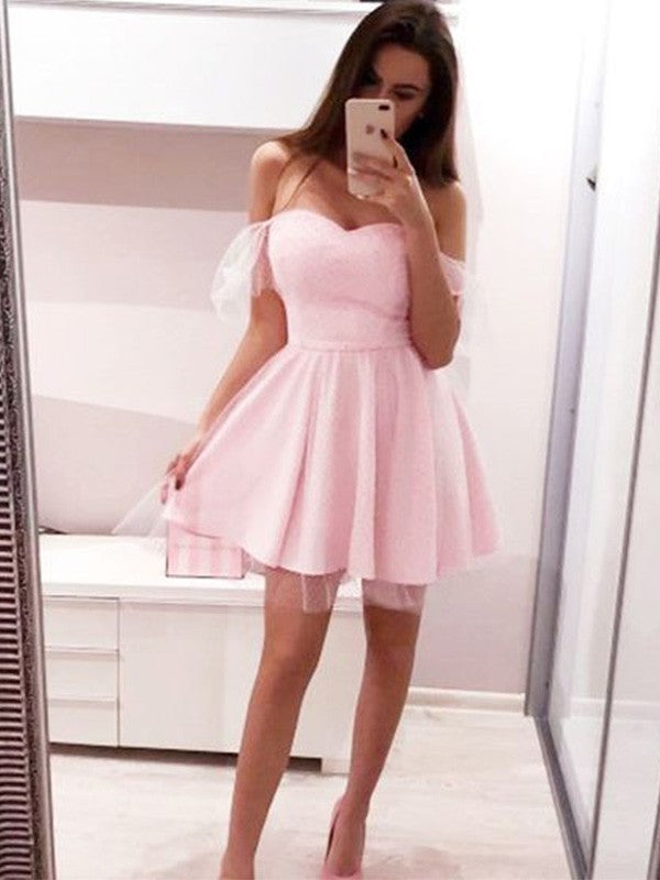 Pink Satin Off-the-Shoulder Sweetheart A-Line Short Dress