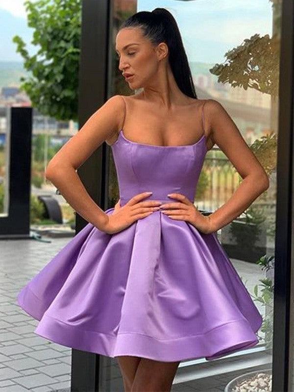 Lilac Satin A-Line Short Dress with Square Neck, Pleated Skirt & Spaghetti Straps - Jimiss