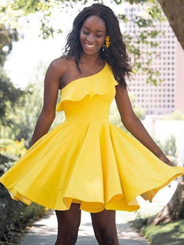 Yellow One Shoulder Ruffle A-Line Short Satin Dress