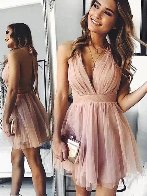 Blushing Pink Tulle A-Line Short Dress with V-Neck, Ruched Bodice & Layered Tulle Skirt for Prom & Cocktail Party