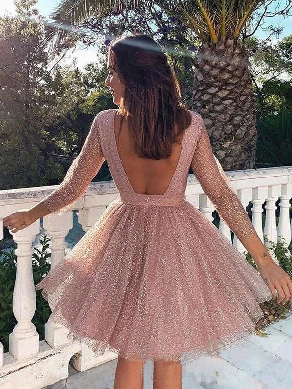 Vestidos de fiesta cortos/mini con escote redondo, mangas 3/4 y volantes de corte princesa