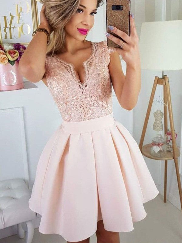 Blushing Pink Lace and Satin Short A-Line Dress with V-Neck