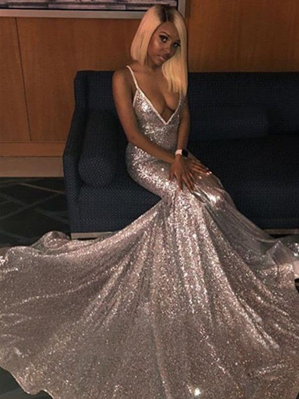 Silver Sequin Mermaid V-Neck Floor-Length Evening Dress