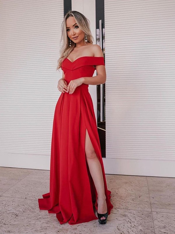 Red Off-the-Shoulder A-Line Chiffon Floor-Length Evening Dress