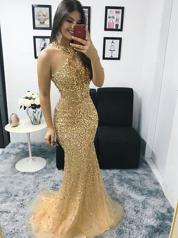Gold Sequin Mermaid Halter neckline Floor-Length Dress