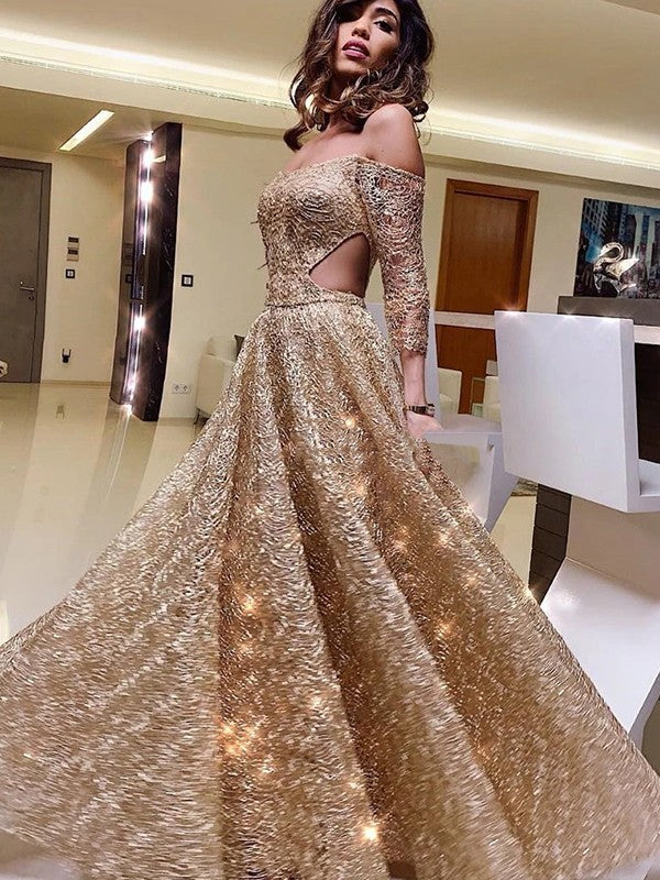Gold Glitter Fabric Off-the-Shoulder Ball Gown Floor-Length Evening Dress