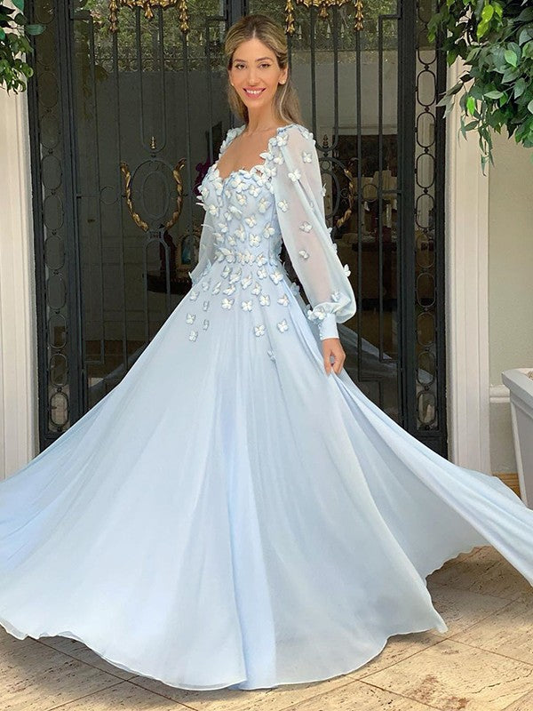 Sky Blue Chiffon A-Line Floor-Length Sweetheart Dress with 3D Butterfly Appliques