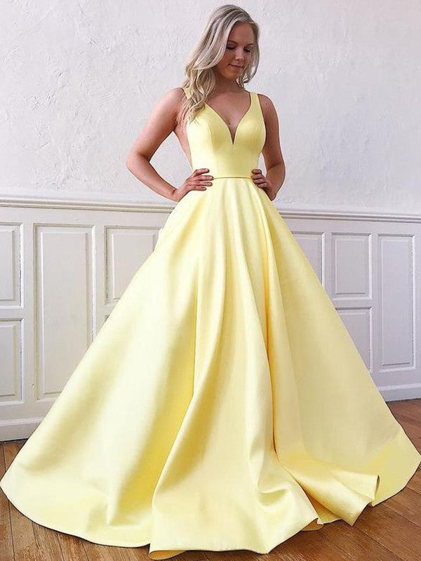 Yellow Satin Deep V-Neck A-Line Floor-Length Evening Dress