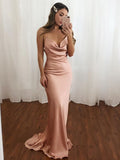 Blushing Pink Satin Cowl Neck Sheath/column Floor-Length Bridesmaid Dress