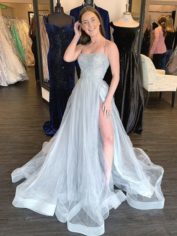 Sky Blue Sequin Tulle A-Line Floor-Length Evening Dress with Sequin Bodice and High Slit