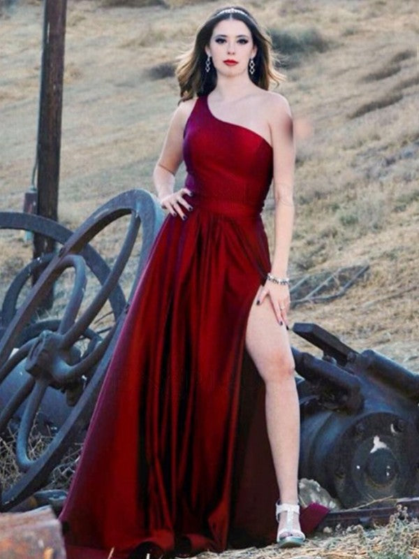 Burgundy Satin One Shoulder A-Line Floor-Length Gown with High Slit