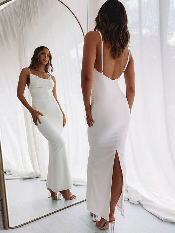 Abiti lunghi fino a terra, senza maniche, in crêpe con arricciature, a tubino/colonna, con spalline sottili