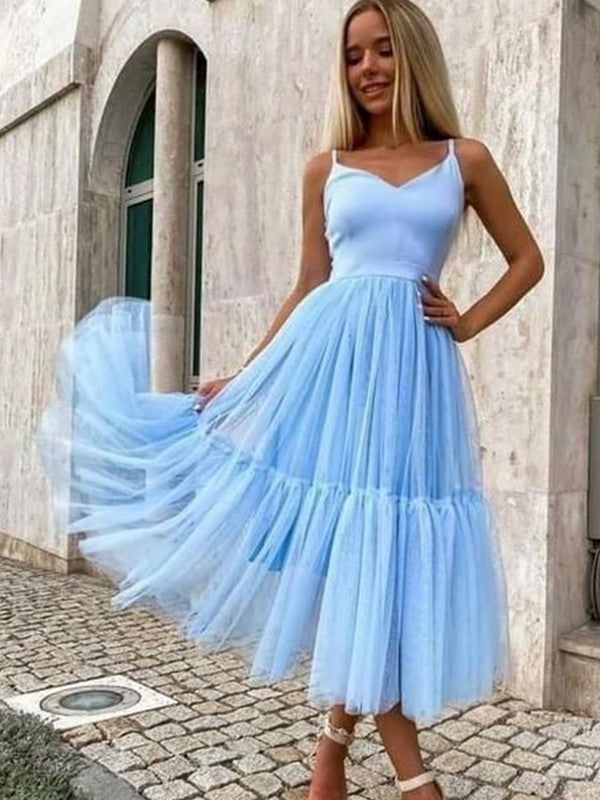 Sky Blue Tulle A-Line Tea-Length Bridesmaid Dress with V-Neck and Tiered Tulle Skirt and Spaghetti Straps