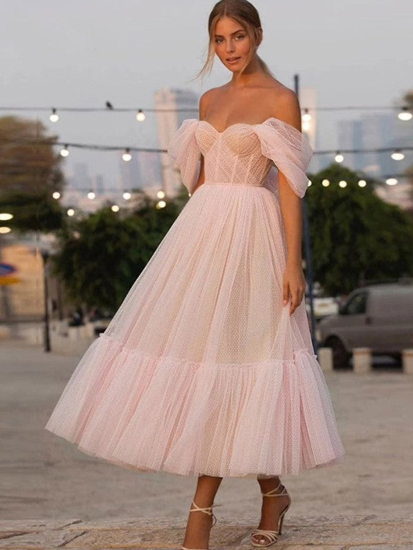 Pink Polka Dot Tulle Off-the-Shoulder Sweetheart A-Line Tea-Length Dress