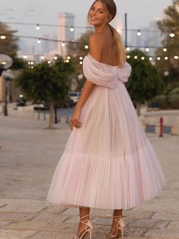 Pink Polka Dot Tulle Off-the-Shoulder Sweetheart A-Line Tea-Length Dress