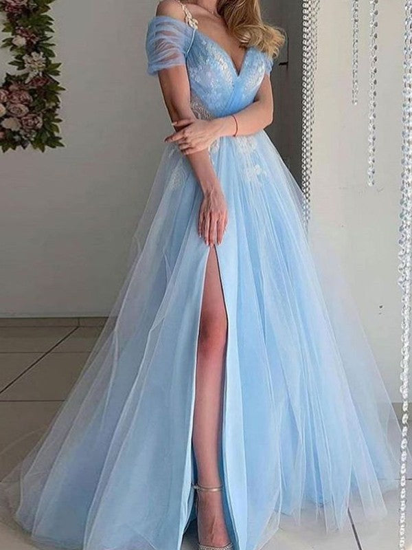 Vestidos de corte A/princesa con tul, encaje, escote en V, mangas cortas y cola larga