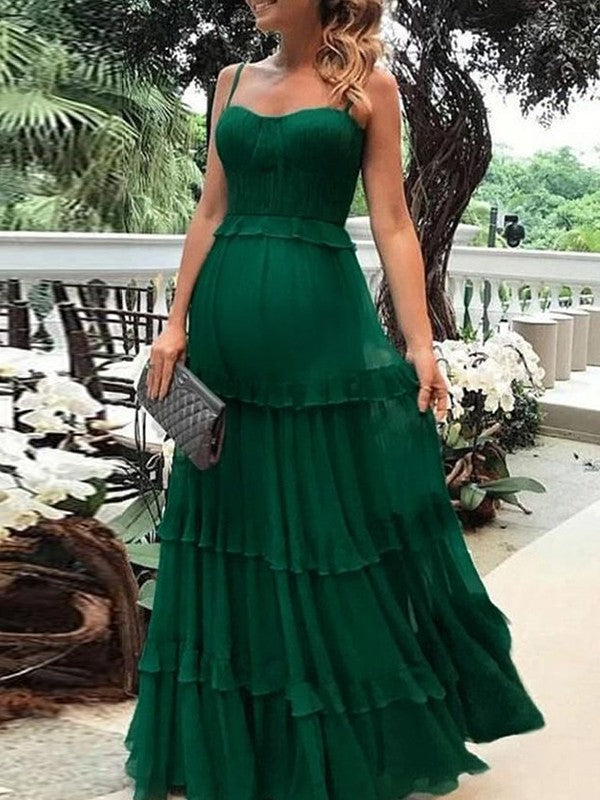 Emerald Chiffon A-Line Sweetheart Floor-Length Bridesmaid Dress with Tiered Ruffles
