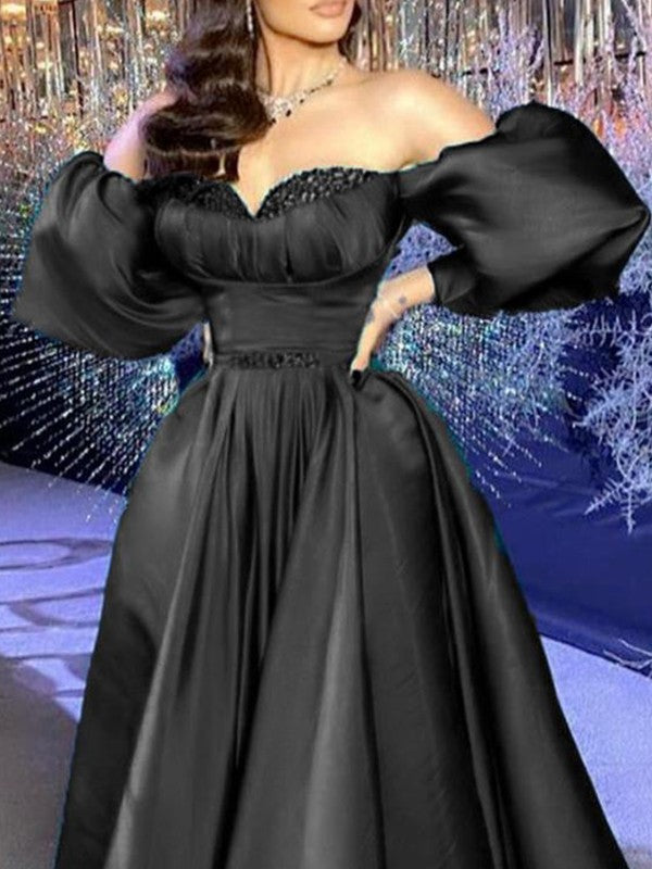 Black Satin A-Line Floor-Length Evening Dress with Off-the-Shoulder Puff Sleeves