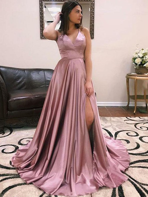 Vestidos de corte A/princesa de satén tipo seda con volantes, escote en V, sin mangas y cola larga