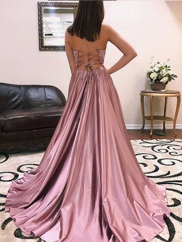 Vestidos de corte A/princesa de satén tipo seda con volantes, escote en V, sin mangas y cola larga