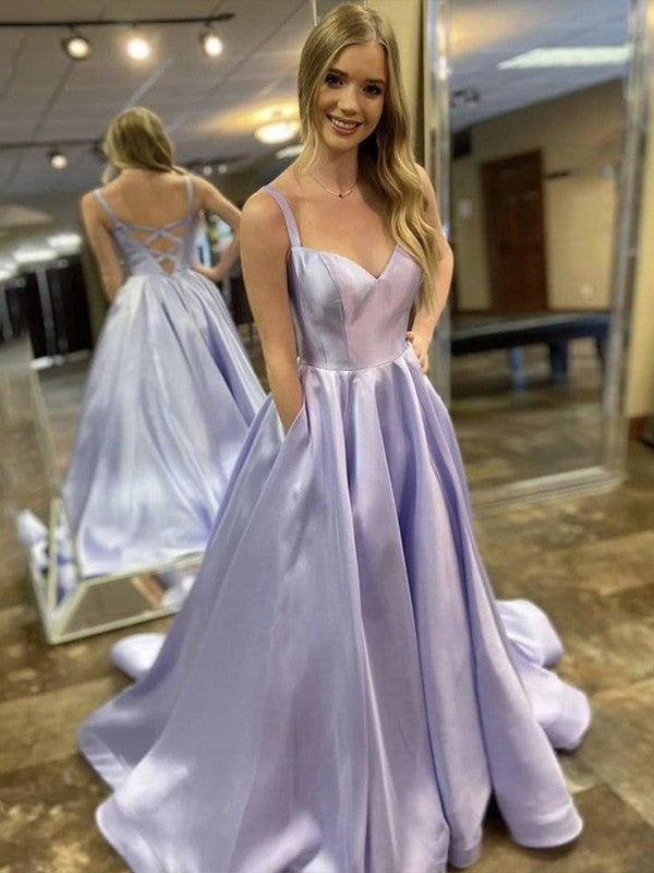 Lilac Satin A-Line Floor-Length Bridesmaid Dress with Sweetheart Neckline and Lace-up Back
