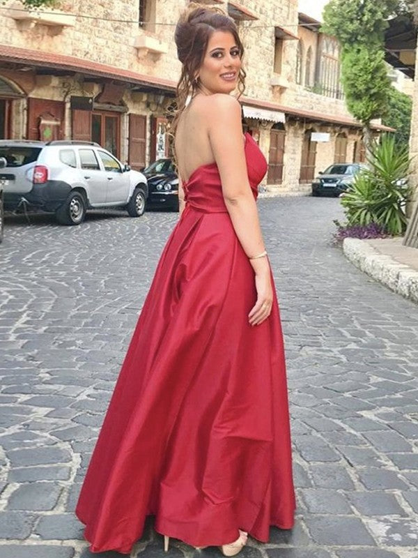 Vestidos de satén con volantes, corte princesa, escote corazón, sin mangas y largo hasta el suelo